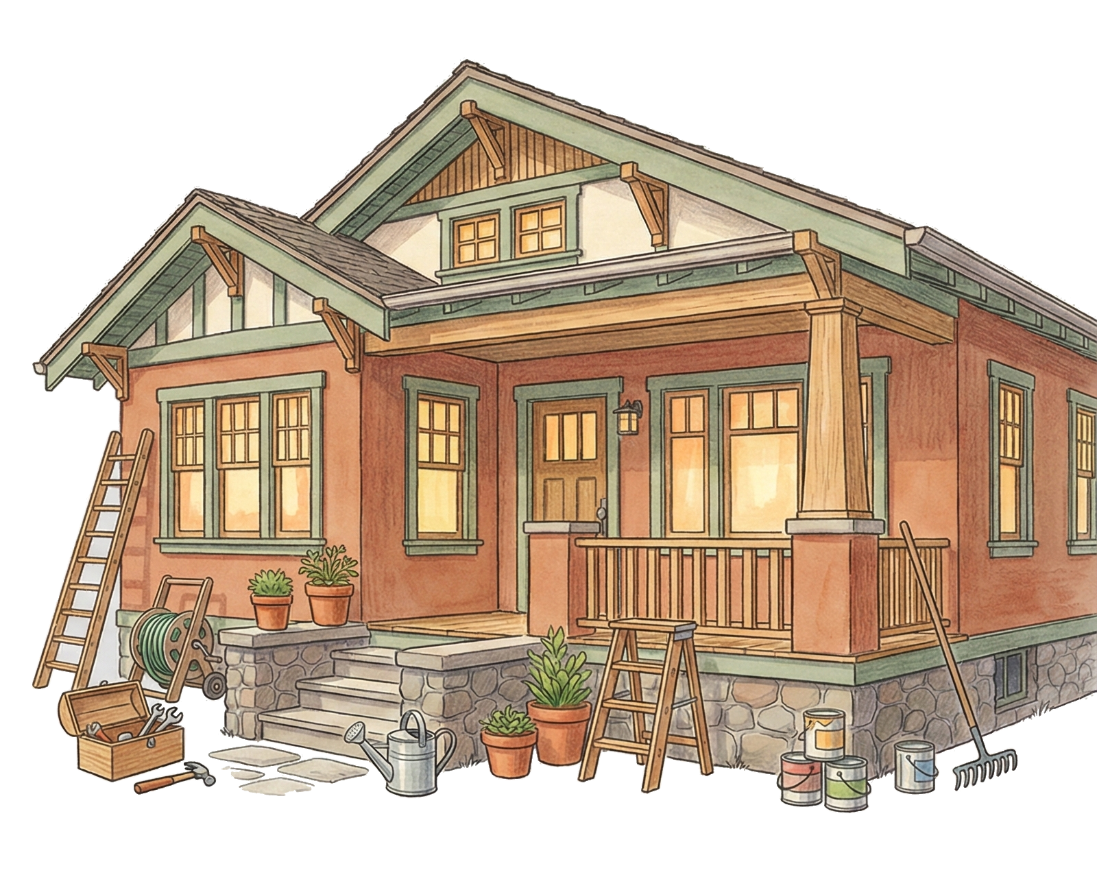 Illustration of a craftsman-style home with maintenance tools